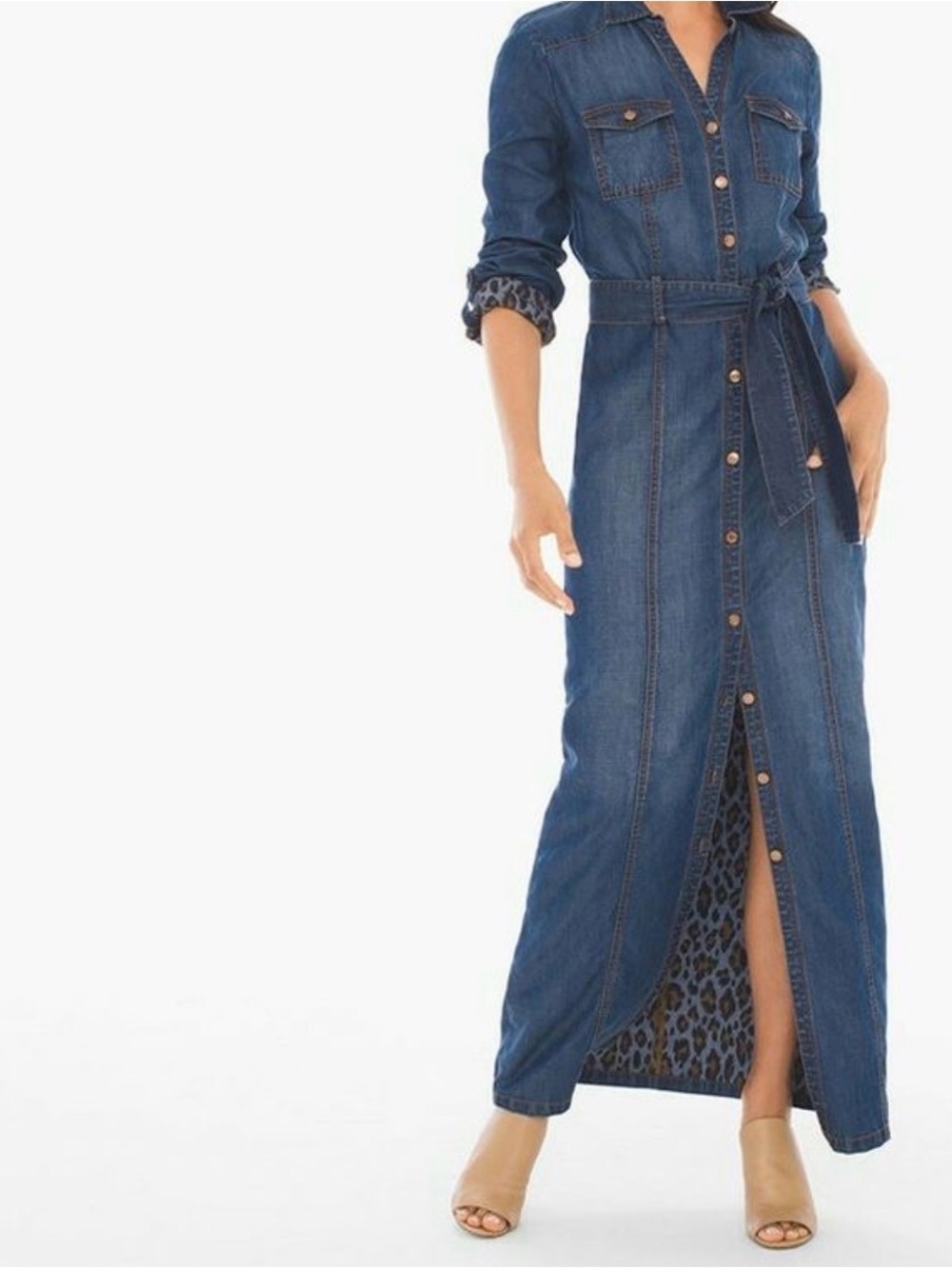 Chico’s Denim Button-Front Maxi Shirt Dress with Tie Belt - Blue